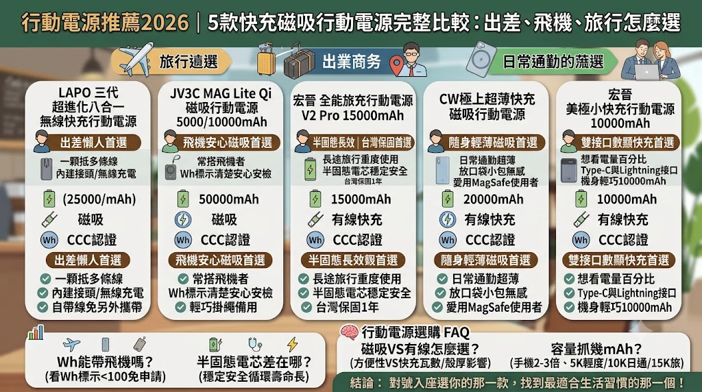 行動電源推薦2026|5款快充磁吸行動電源完整比較:出差、飛機、旅行怎麼選(半固態電芯/MagSafe/Wh標示)