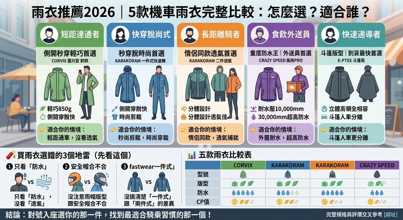 雨衣推薦2026|5款機車雨衣完整比較:一件式、兩件式怎麼選(防水/透氣/安全帽相容)